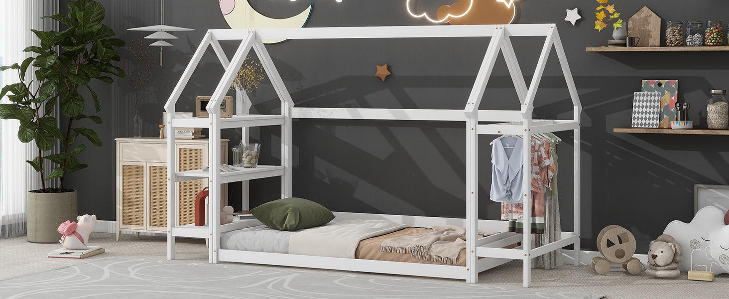 Twin House-Shaped Floor Bed with 2 Detachable Stands White - FurniFindUSA