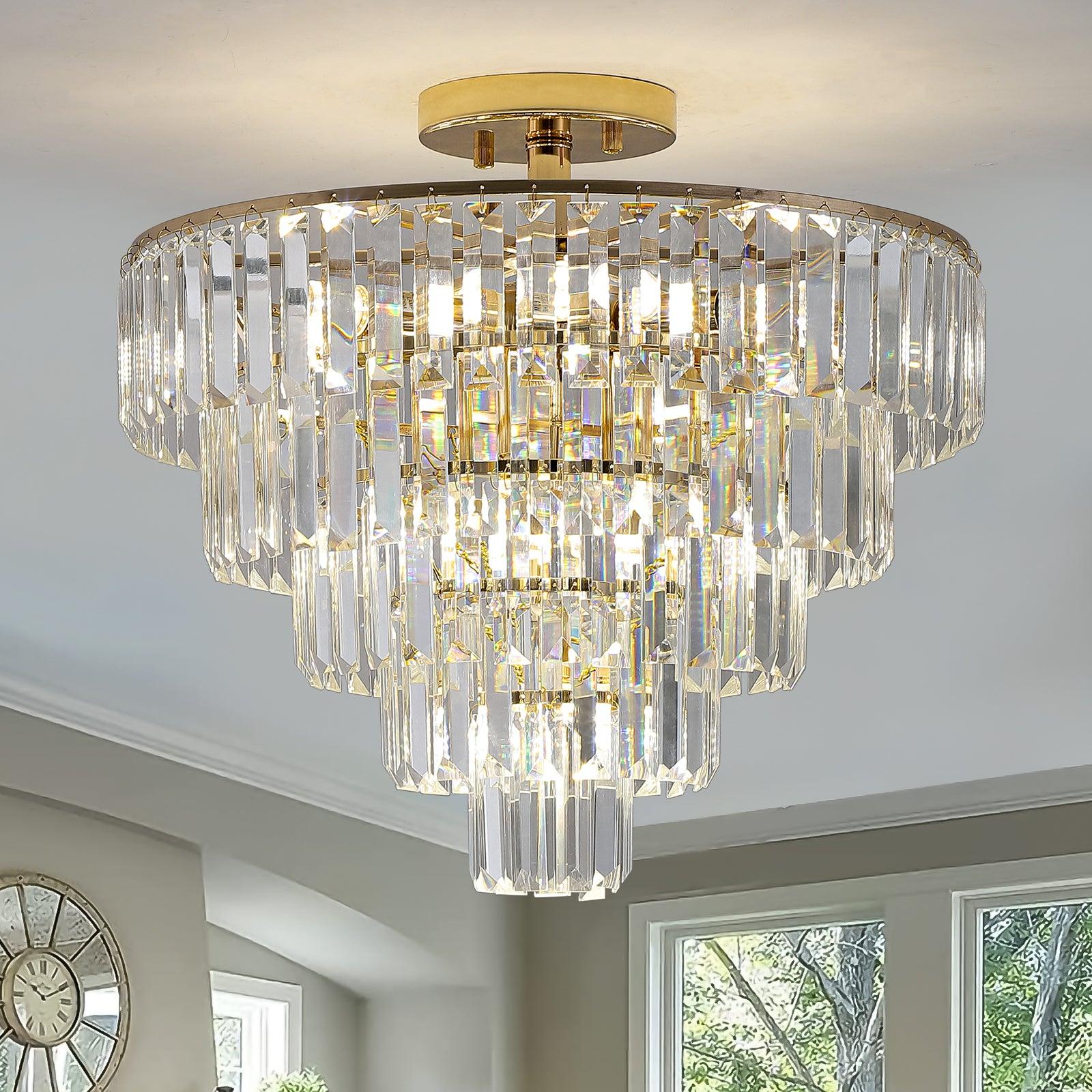 Gold Crystal Chandeliers,5-Tier Round Semi Flush Mount Chandelier Light Fixture,Large Contemporary Luxury Ceiling Lighting - FurniFindUSA