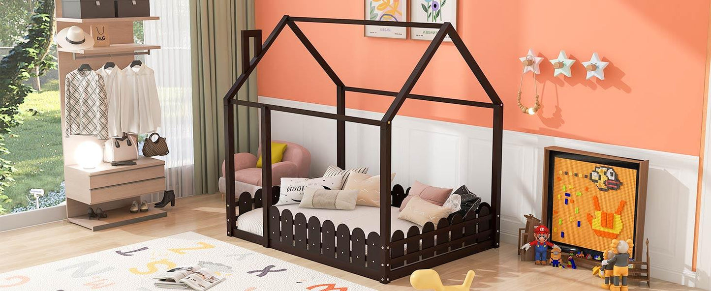 (Slats are not included)Full Size Wood Bed House Bed Frame with Fence for Kids Teens Girls Boys (Espresso ) - FurniFindUSA