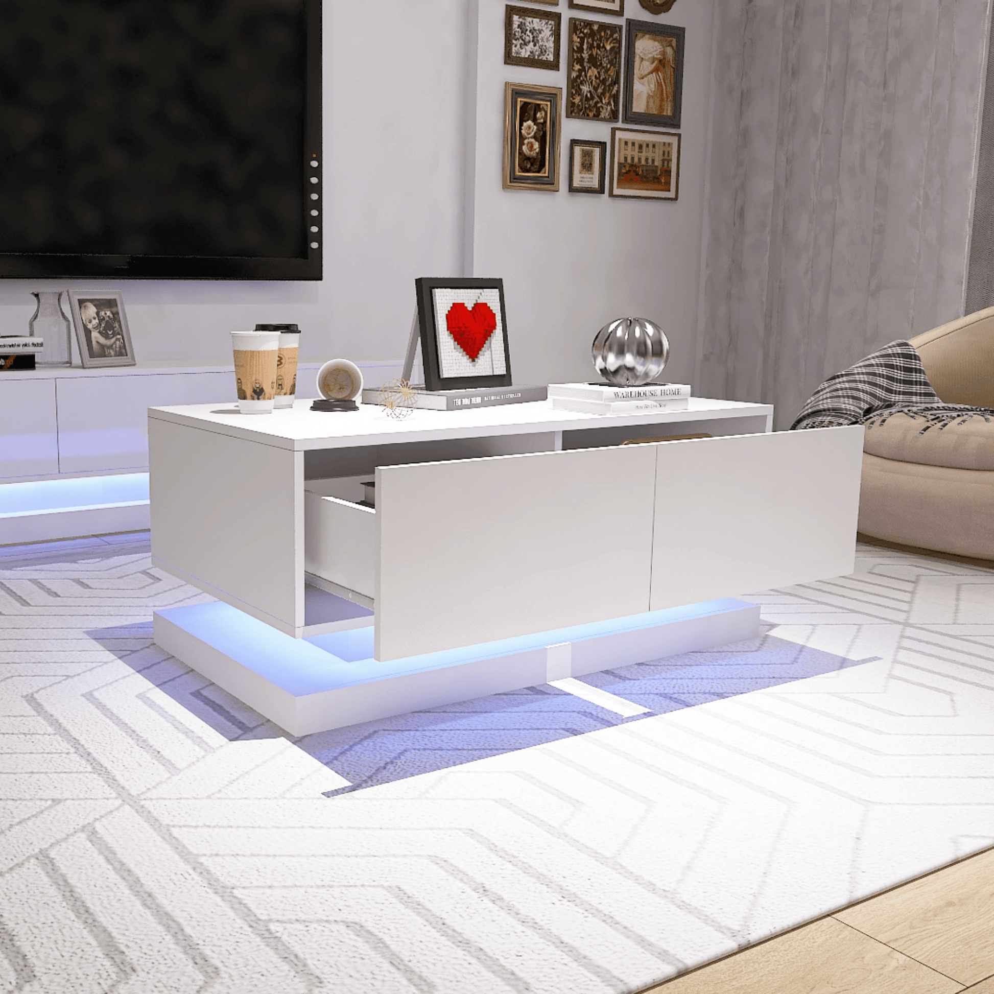 High Glossy Coffee Table with 2 Drawers have RGB Led Light with Buletooth Control - FurniFindUSA