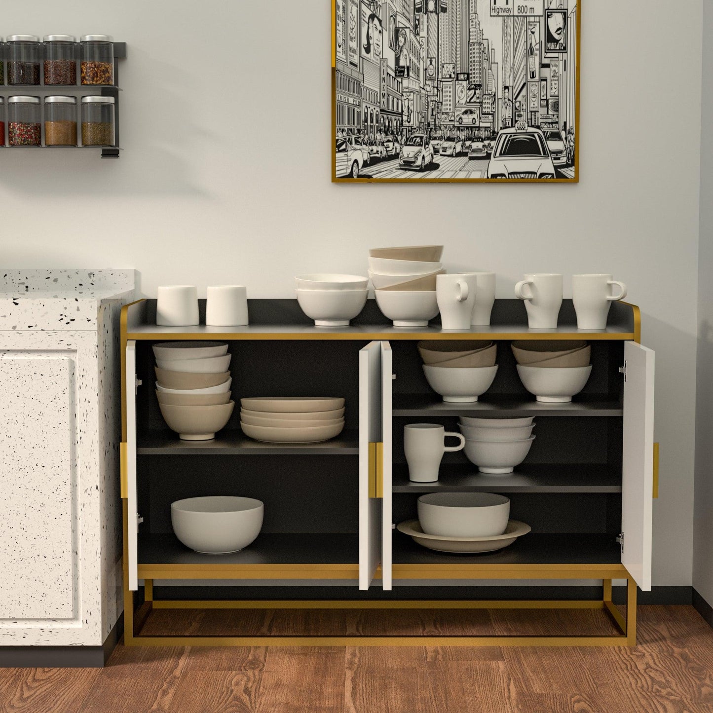 Modern Kitchen Buffet Storage Cabinet Cupboard Gloss with Metal Legs for living room Kitchen (BLACK) - FurniFindUSA