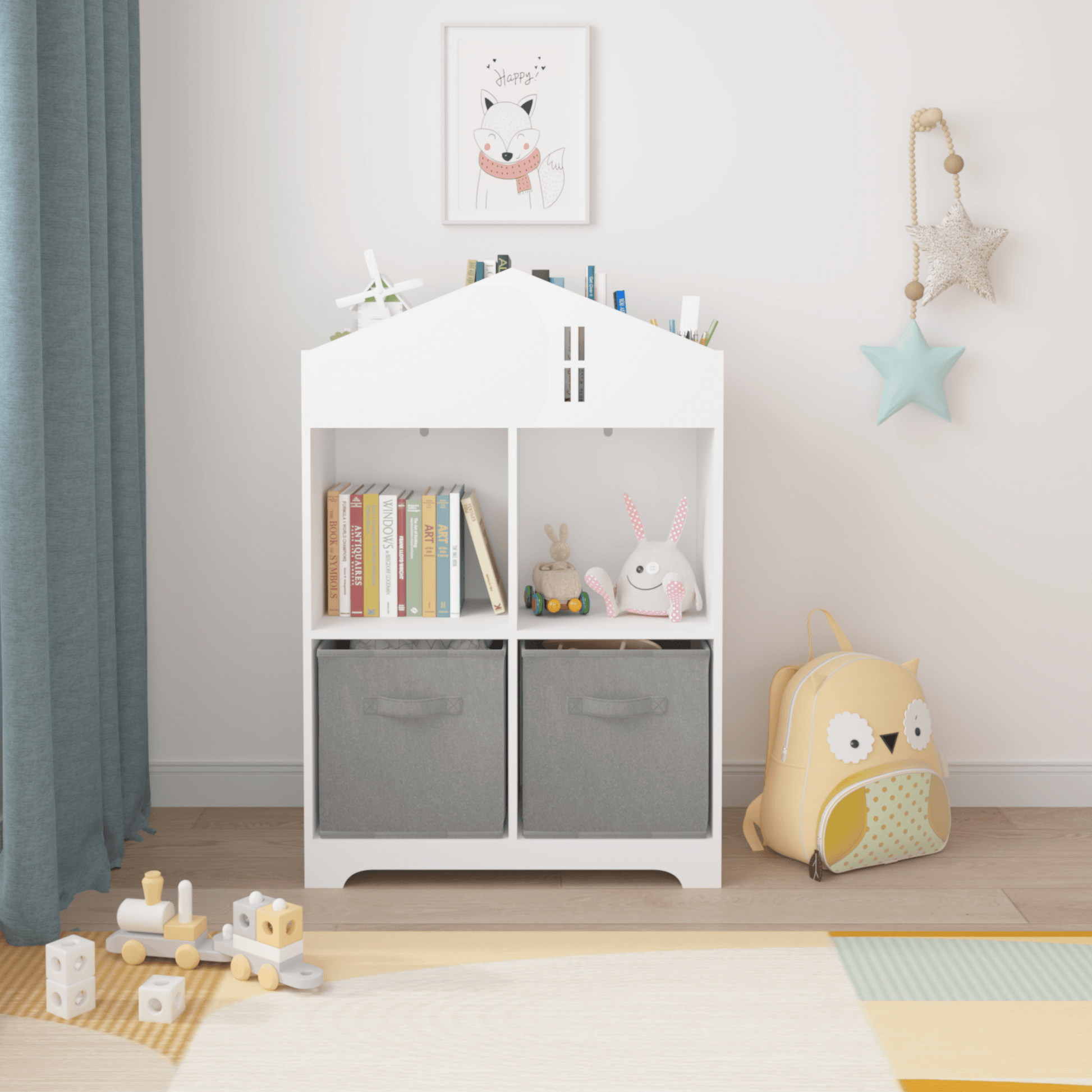 Kids Dollhouse Bookcase with Storage 2-Tier Storage Display Organizer (White/Gray) - FurniFindUSA