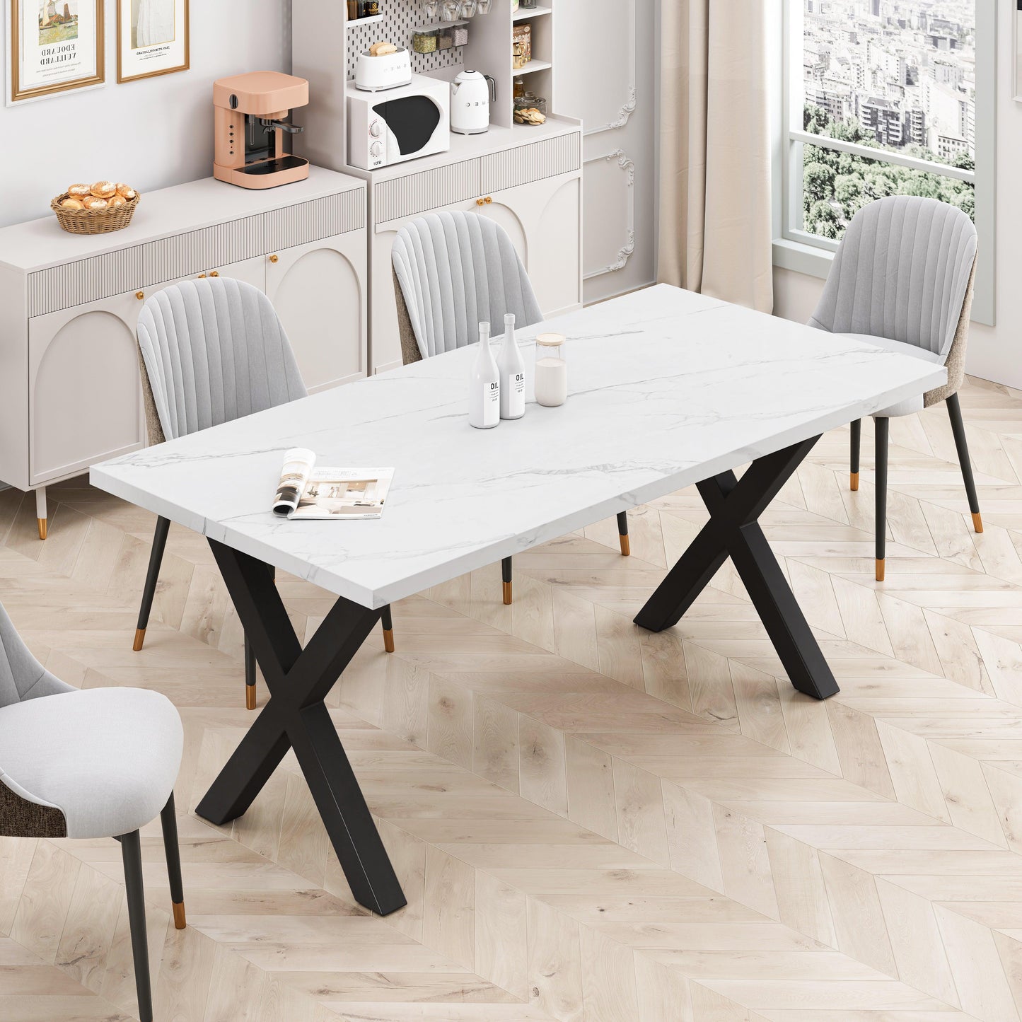 70.87"Modern Square Dining Table with Printed White Marble Table Top+Black X-Shape Table Leg - FurniFindUSA