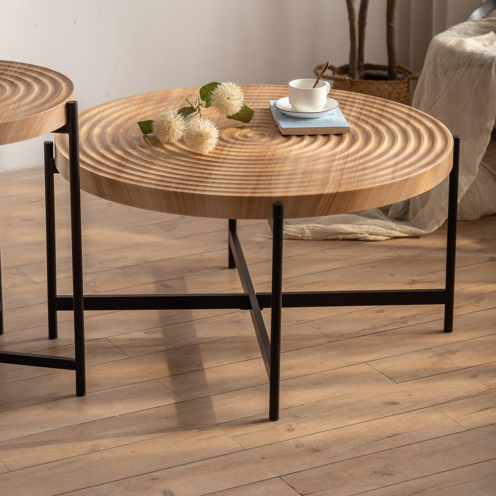 Modern Thread Design Round Coffee Table MDF Table Top with Cross Legs Metal Base(Set of 2 pcs ) - FurniFindUSA