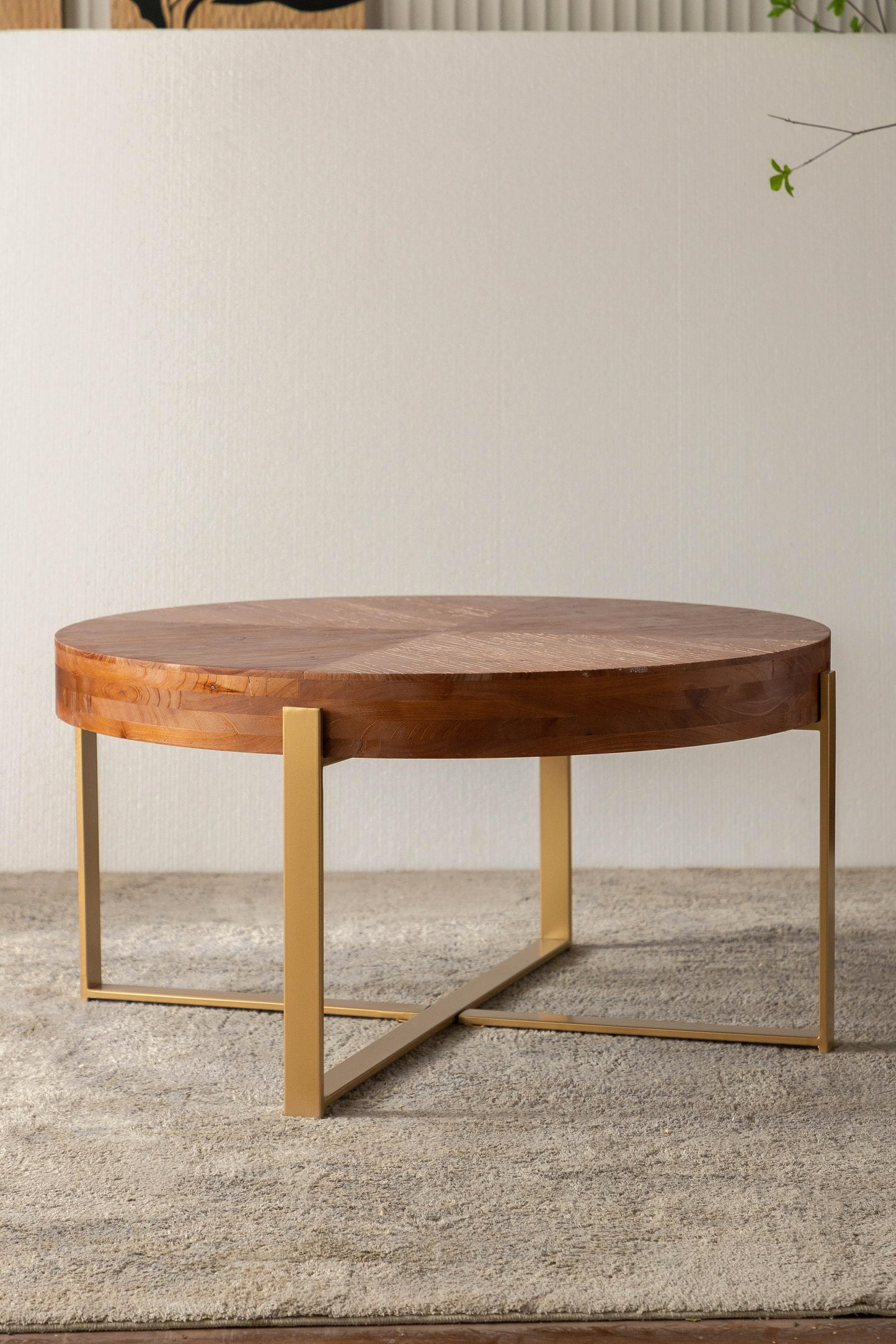 33.86"Modern Retro Splicing Round Coffee Table Fir Wood Table Top with Gold Cross Legs Base - FurniFindUSA