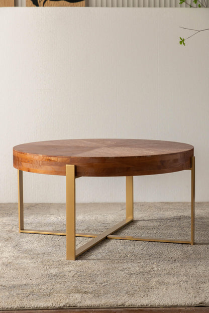 33.86"Modern Retro Splicing Round Coffee Table Fir Wood Table Top with Gold Cross Legs Base - FurniFindUSA