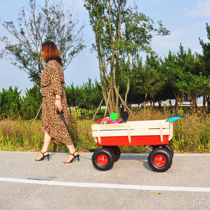 Outdoor Wagon All Terrain Pulling w/Wood Railing Air Tires Children Kid Garden（Red） - FurniFindUSA