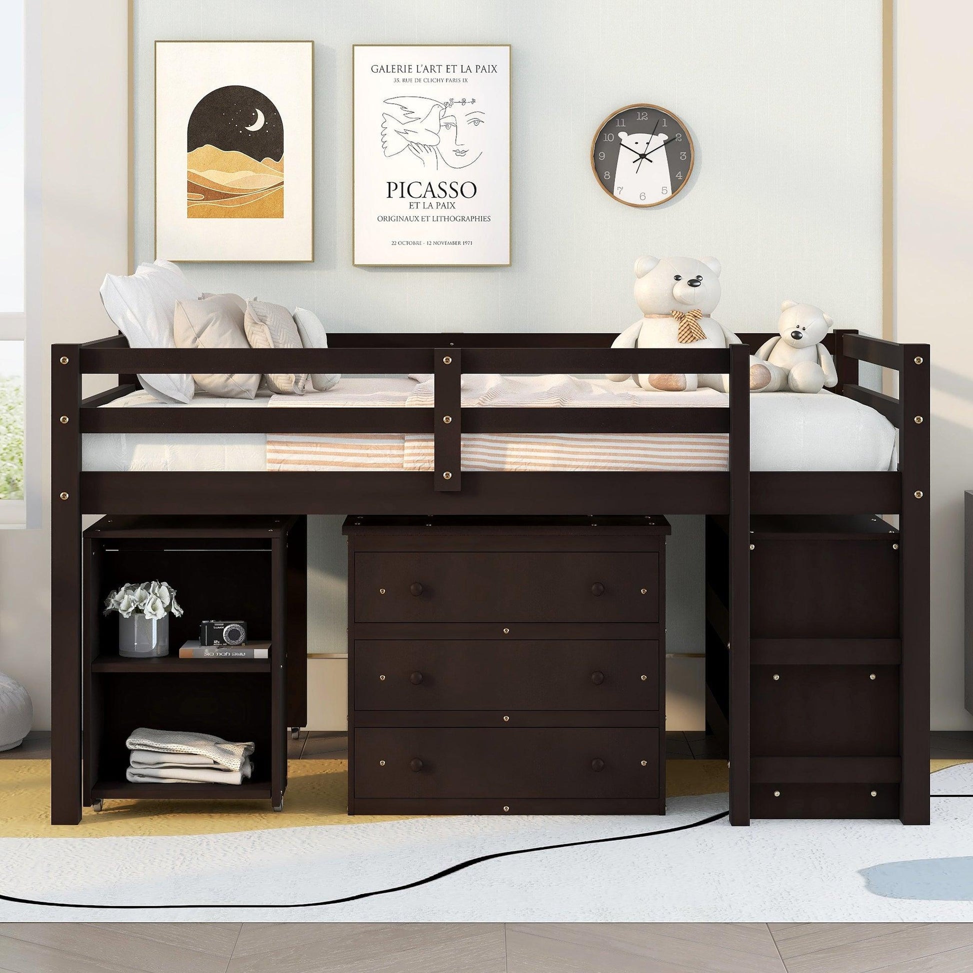 Low Study Full Loft Bed with Cabinet Shelves and Rolling Portable Desk Multiple Functions Bed- Espresso - FurniFindUSA