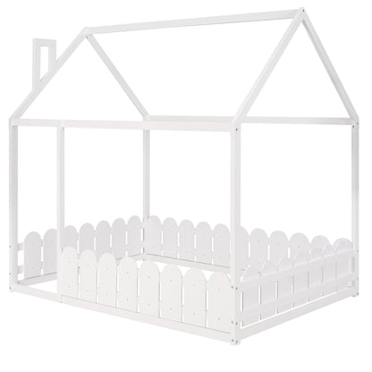 (Slats are not included) Full Size Wood Bed House Bed Frame with Fence for Kids Teens Girls Boys (White ) - FurniFindUSA