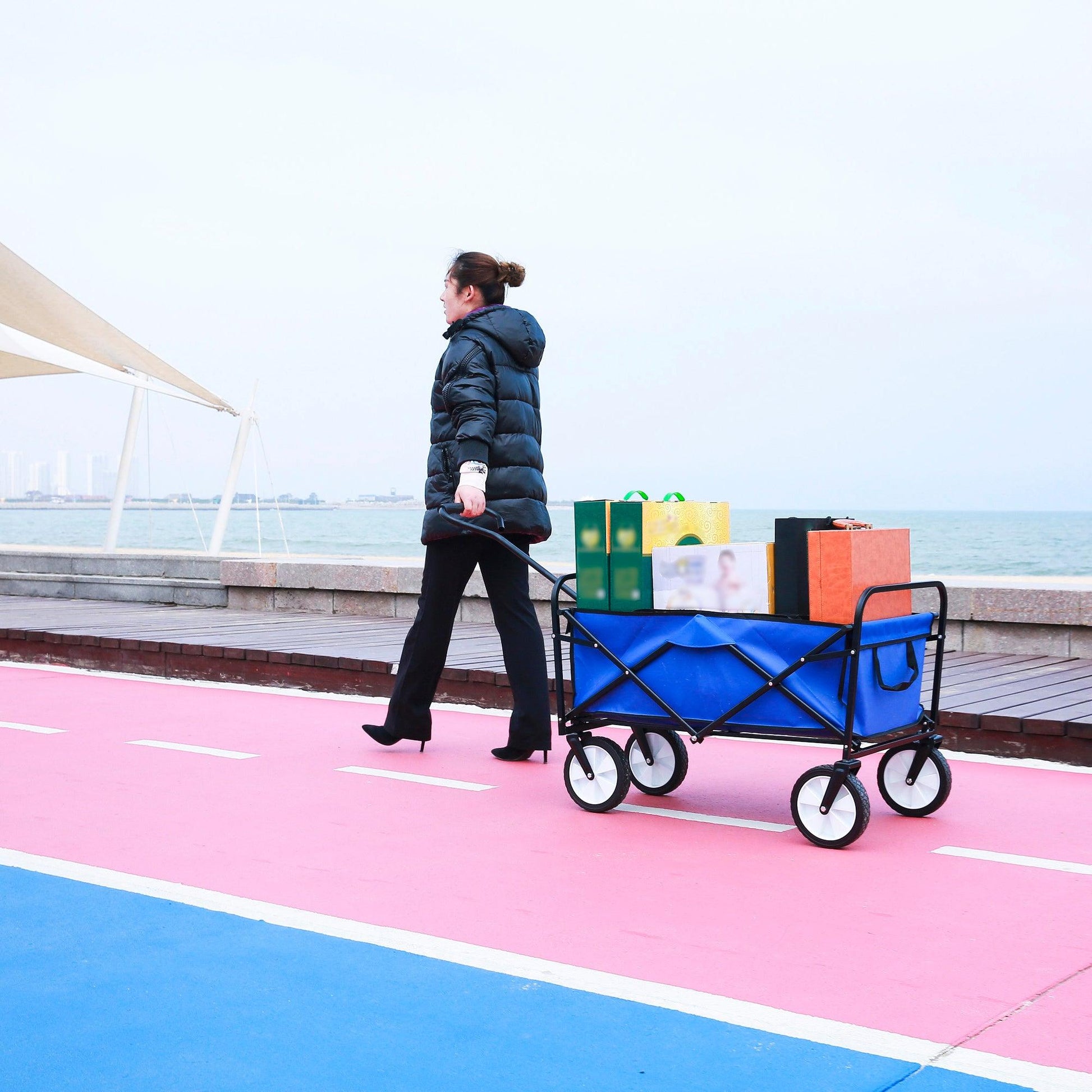 Folding Wagon Garden Shopping Beach Cart (Blue) - FurniFindUSA