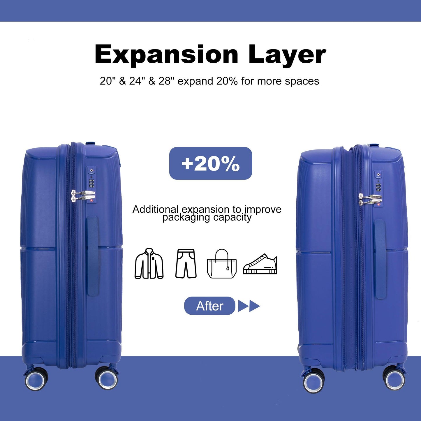 Expandable Hardshell Suitcase Double Spinner Wheels PP Luggage Sets Lightweight Durable ,3-Piece Set (20/24/28) ,Navy - FurniFindUSA