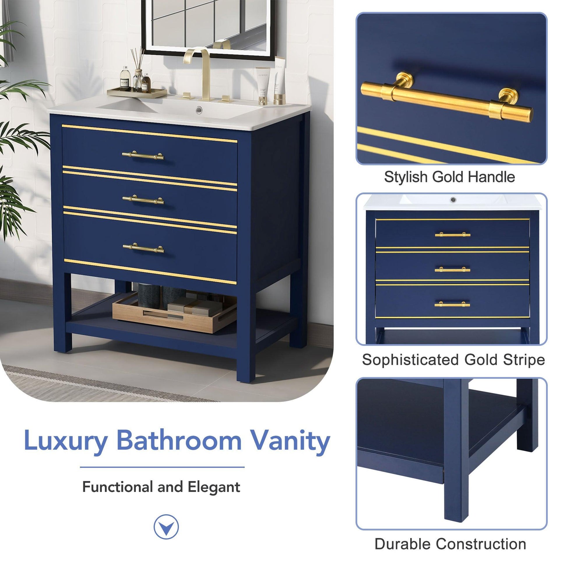 [Viedo]Modern 30inch Navy Blue/White Bathroom Vanity Cabinet Combo with Open Storge, Two Drawers - FurniFindUSA