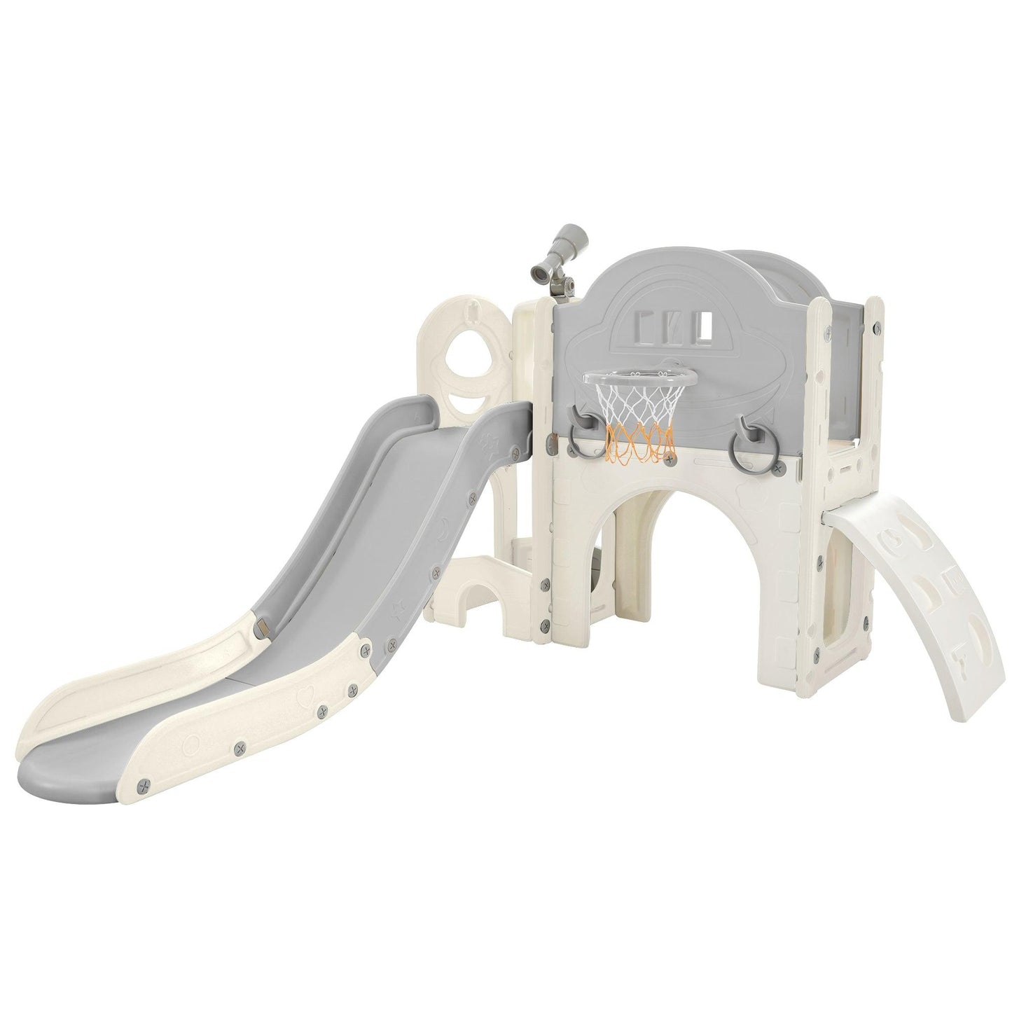 Kids Slide Playset Structure 7 in 1, Freestanding Spaceship Set with Slide, Arch Tunnel Grey+White + HDPE - FurniFindUSA