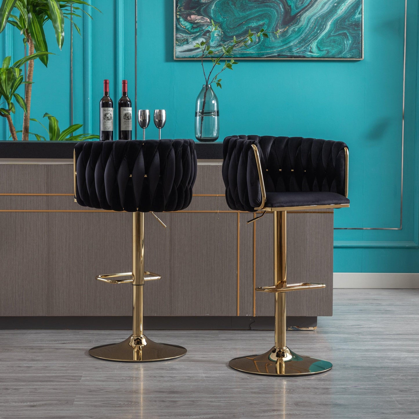 Set of 2 Bar Stools with Chrome Footrest and Base Swivel Height Velvet + Golden Leg Simple Bar Stool-Black - FurniFindUSA