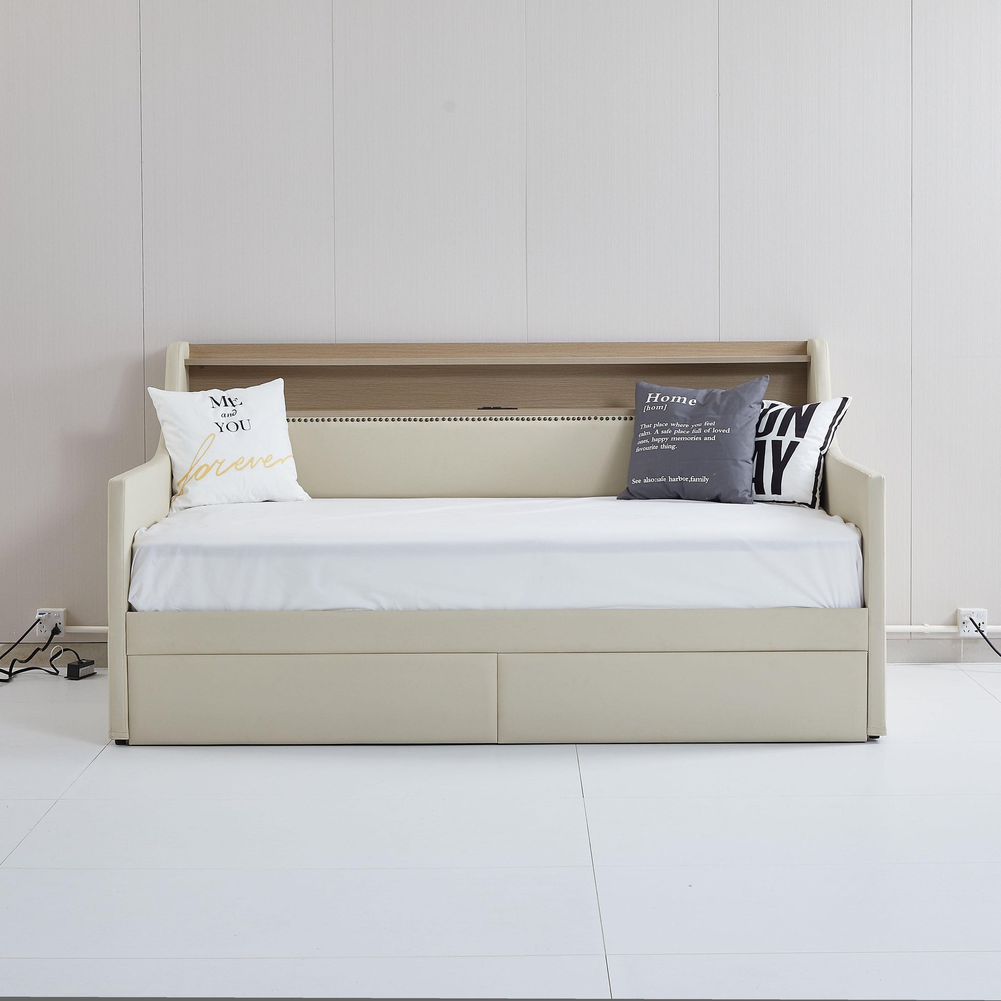 Twin Size Daybed with Storage Drawers Upholstered Daybed with Charging Station and LED Lights Beige - FurniFindUSA