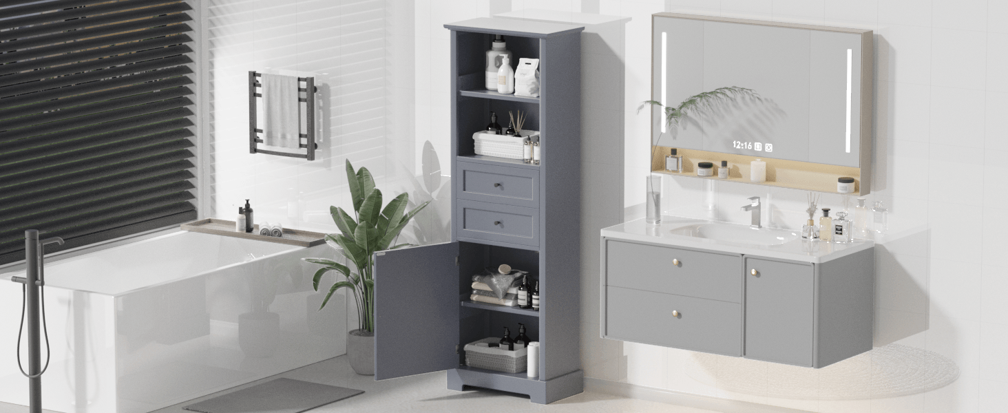 Bathroom Storage Cabinet, Tall Storage Cabinet with Two Drawers, Open Storage, Adjustable Shelf, Grey - FurniFindUSA