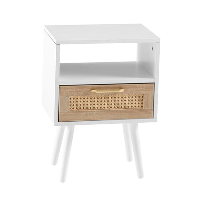 15.75" Rattan End table with drawer and solid wood legs Modern nightstand side table for living room white - FurniFindUSA