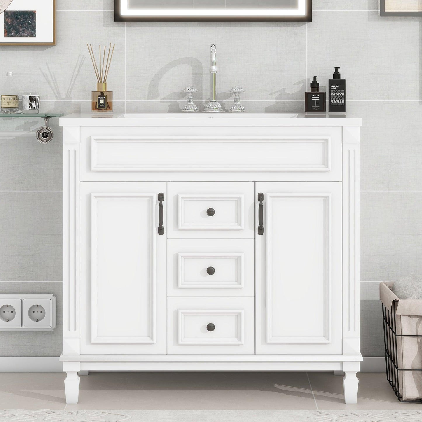 36 inch white bathroom vanity with top sink, equipped with 2 soft closing doors and 2 drawers, bathroom storage cabinet, single - FurniFindUSA