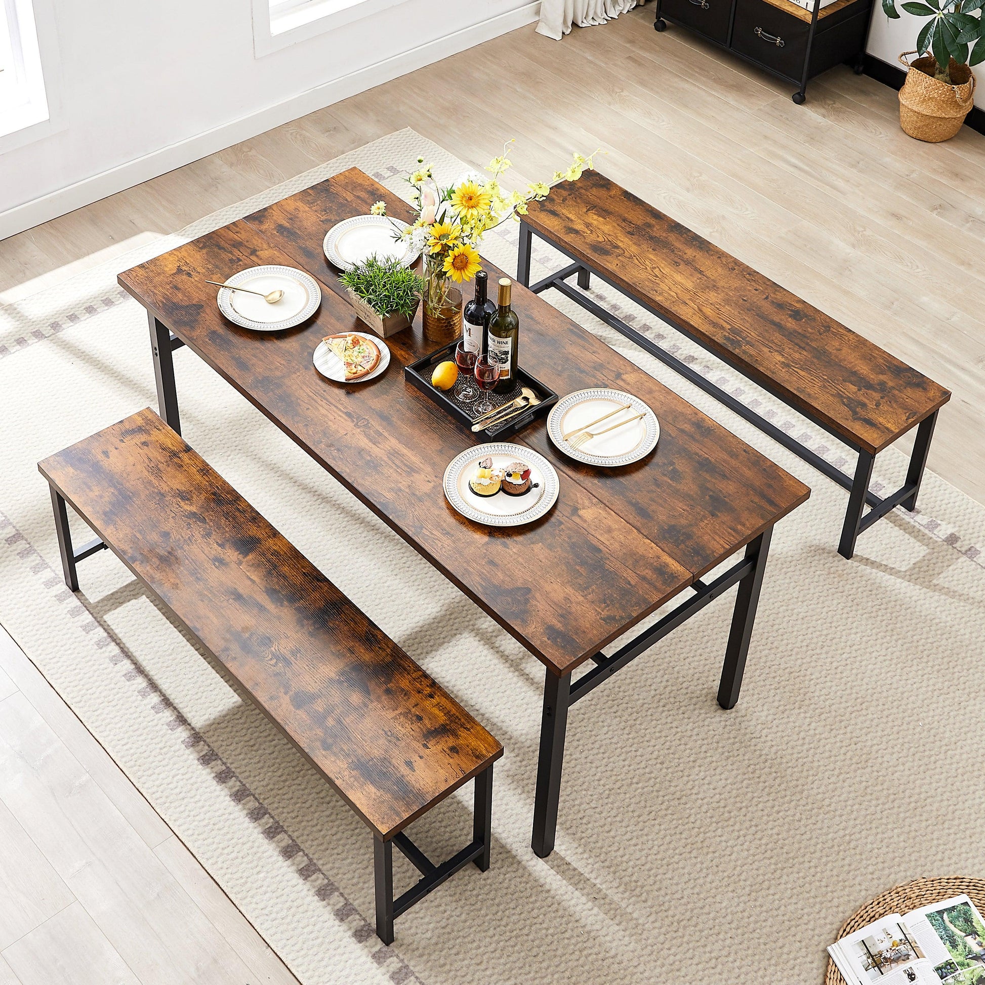 Oversized dining table set for 6 3-Piece Kitchen Table with 2 Benches Dining Room Table Set Rustic Brown - FurniFindUSA