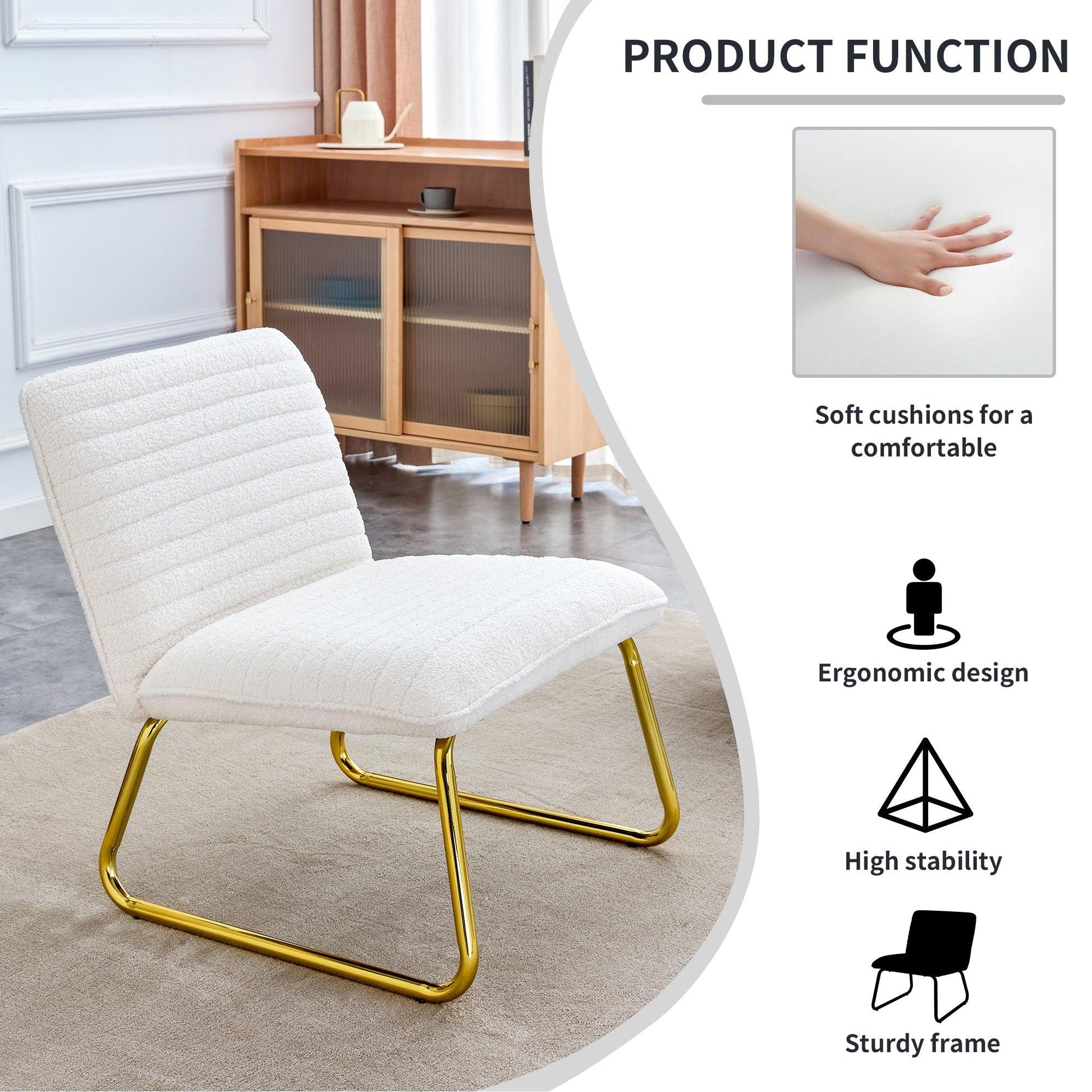 One White minimalist armless sofa chair with plush cushion and backrest paired with golden metal legs - FurniFindUSA