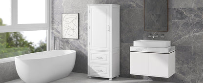 Tall bathroom storage cabinet with two drawers and adjustable shelves for independent storage - FurniFindUSA