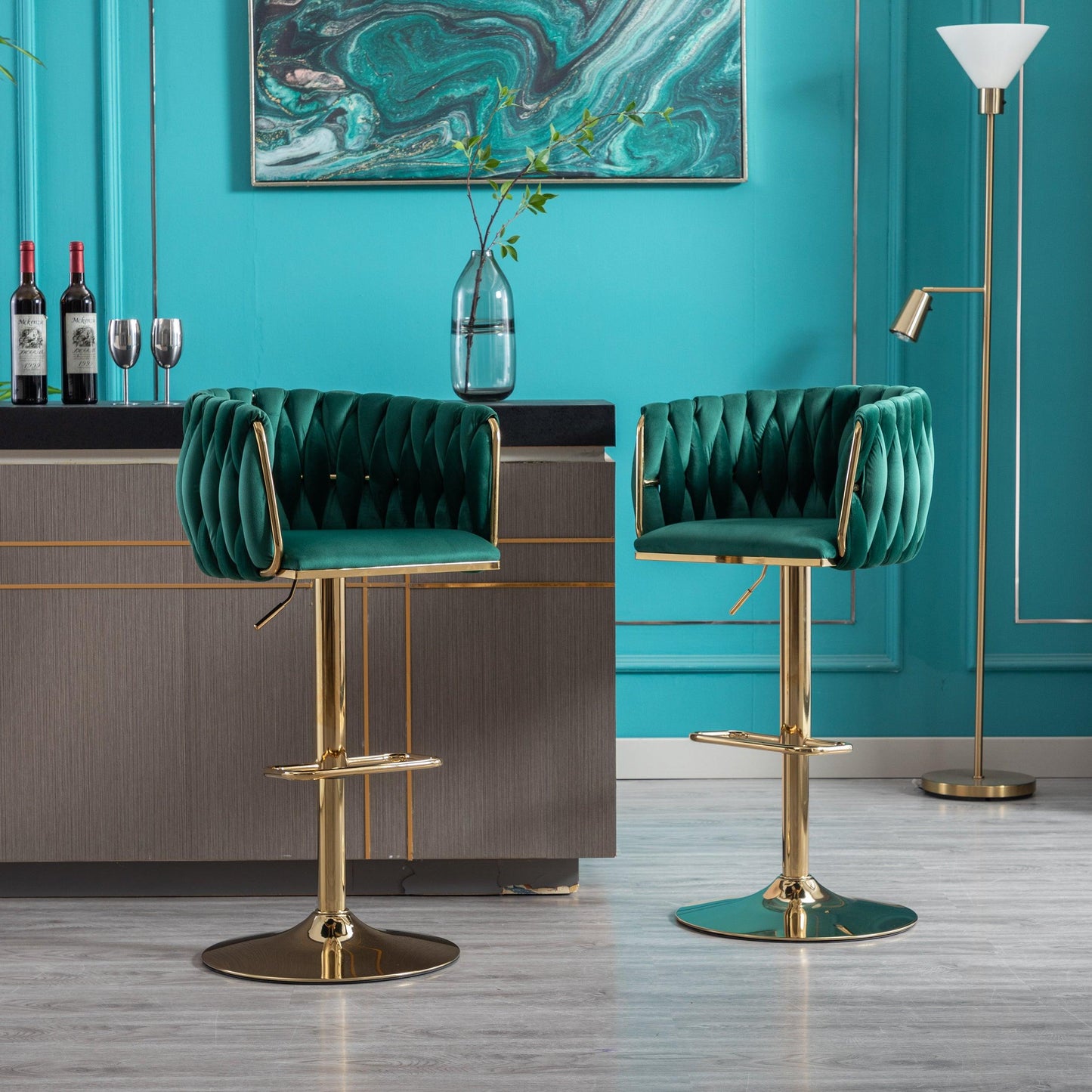 Set of 2 Bar Stools with Chrome Footrest and Base Swivel Height Velvet + Golden Leg Simple Bar Stool-Green - FurniFindUSA