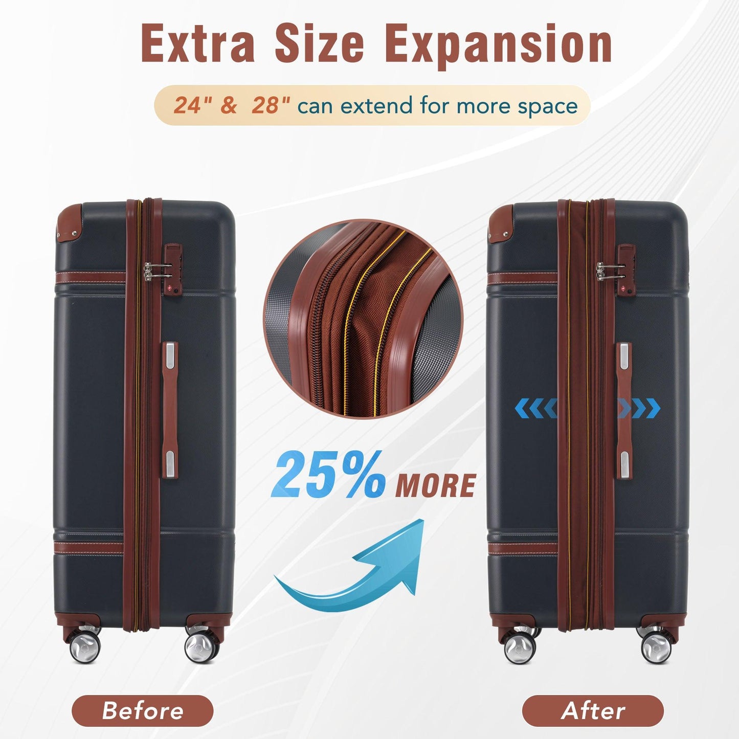 24 IN Luggage 1 Piece with TSA lock , Expandable Lightweight Suitcase Spinner Wheels, Vintage Luggage,Black - FurniFindUSA