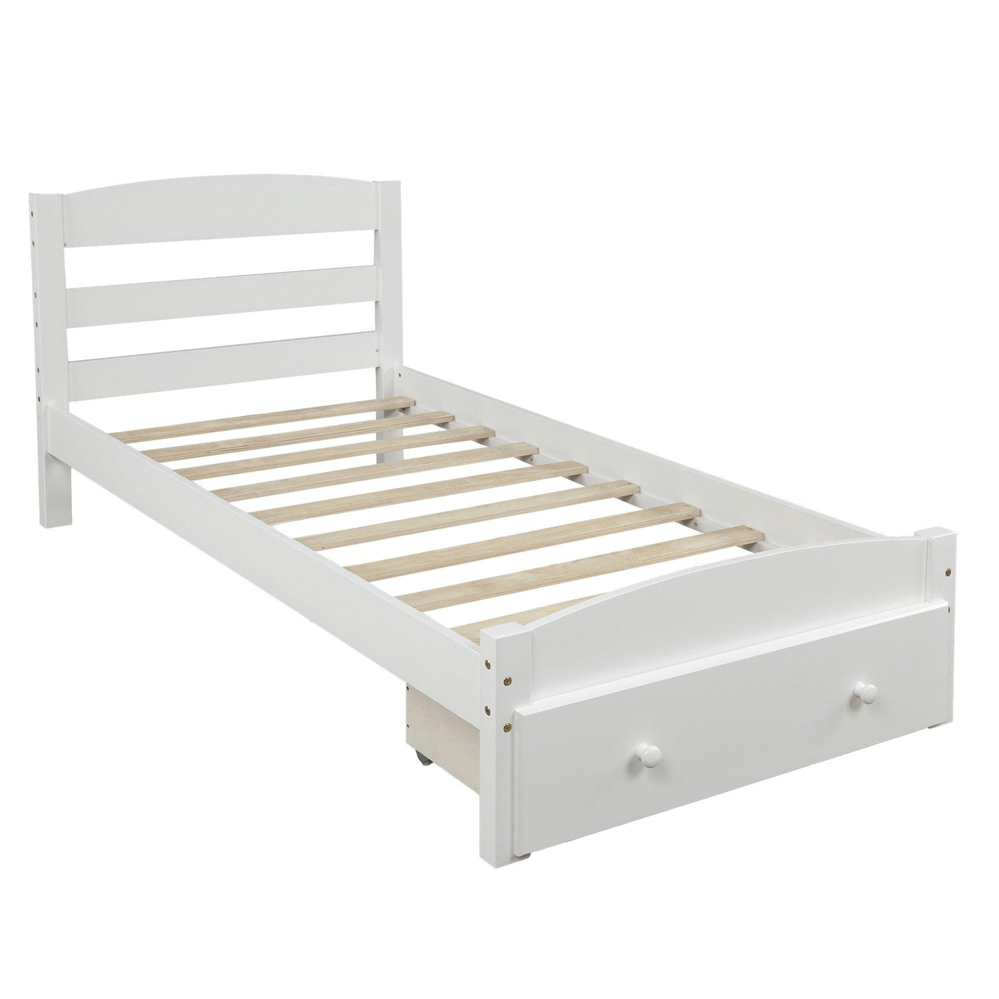 Platform Twin Bed Frame with Storage Drawer and Wood Slat Support No Box Spring Needed White - FurniFindUSA