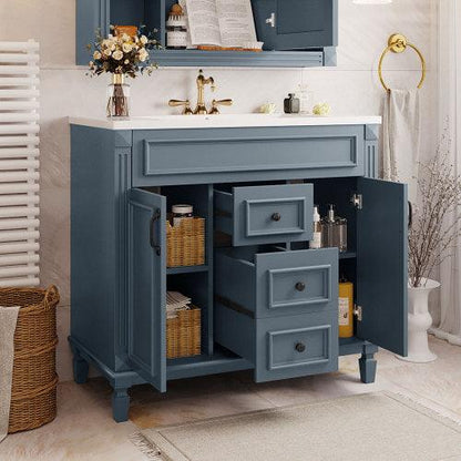 36 inch blue bathroom vanity with top sink, 2 soft doors and 2 drawers, single sink bathroom vanity - FurniFindUSA