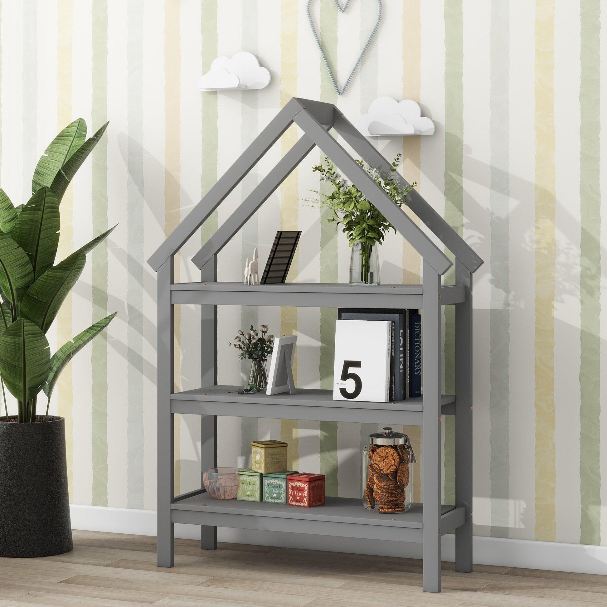 Twin House-Shaped Floor Bed with 2 Detachable Stands Grey - FurniFindUSA