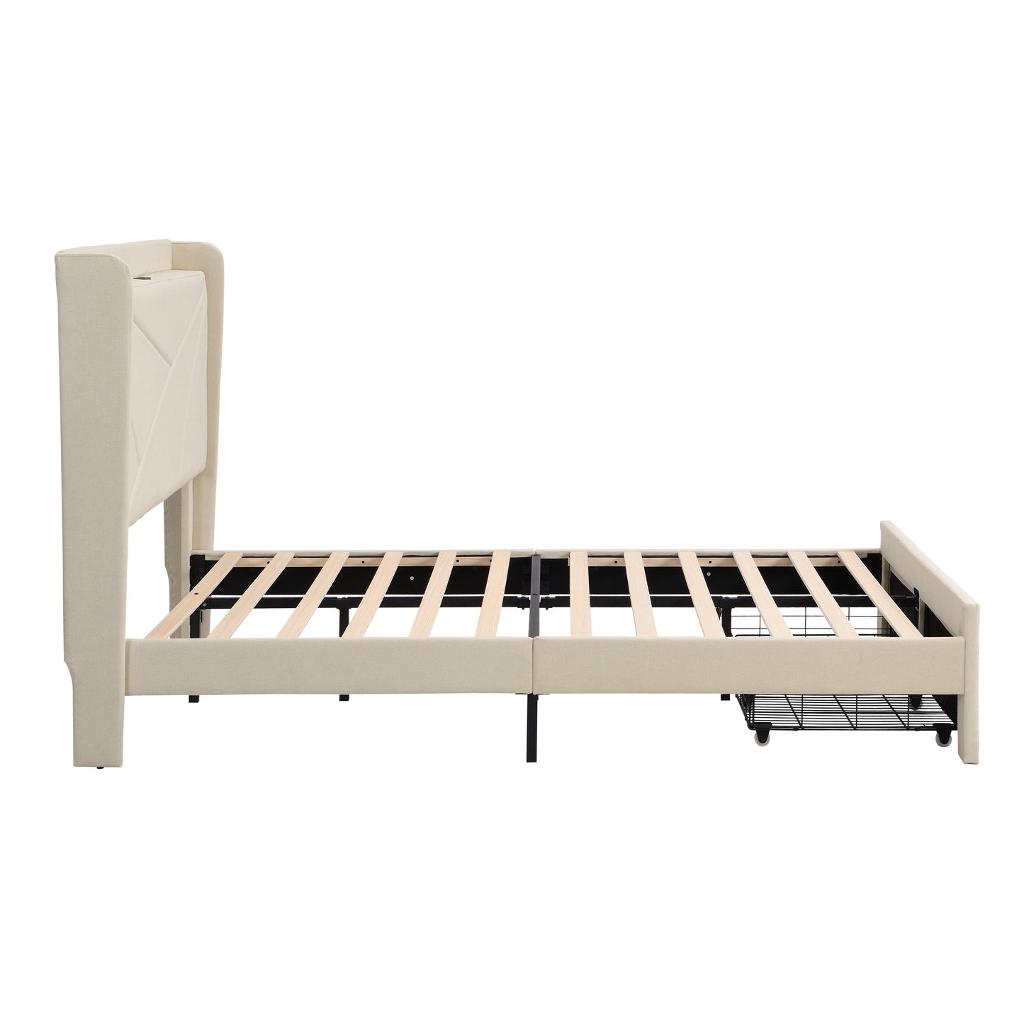 Full Size Bed Frame with 2 Storage Drawers Upholstered Bed Frame Beige - FurniFindUSA