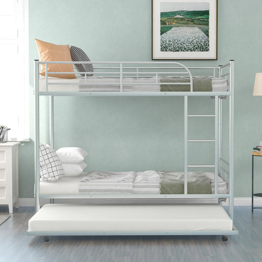 Twin-Over-Twin Metal Bunk Bed With Trundle Can be Divided into two beds No Box Spring needed White - FurniFindUSA