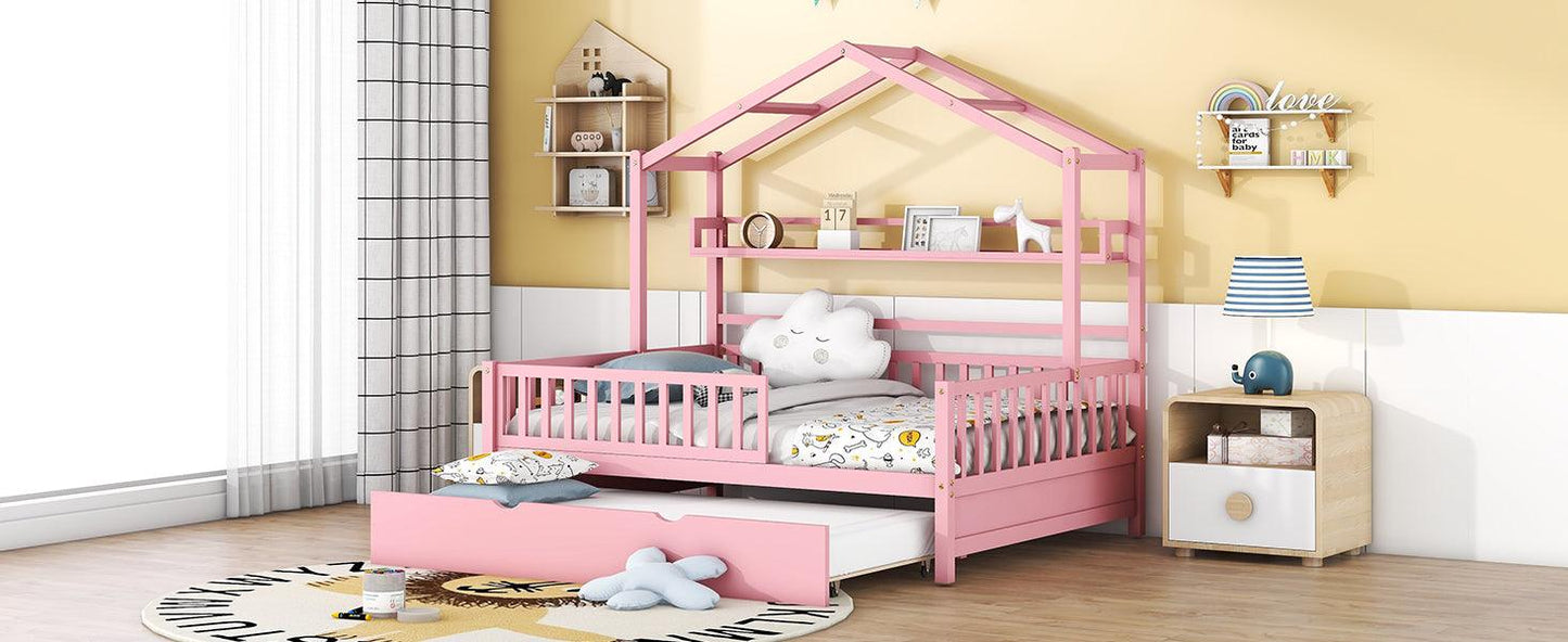 Wooden Full Size House Bed with Twin Size Trundle Kids Bed with Shelf Pink - FurniFindUSA