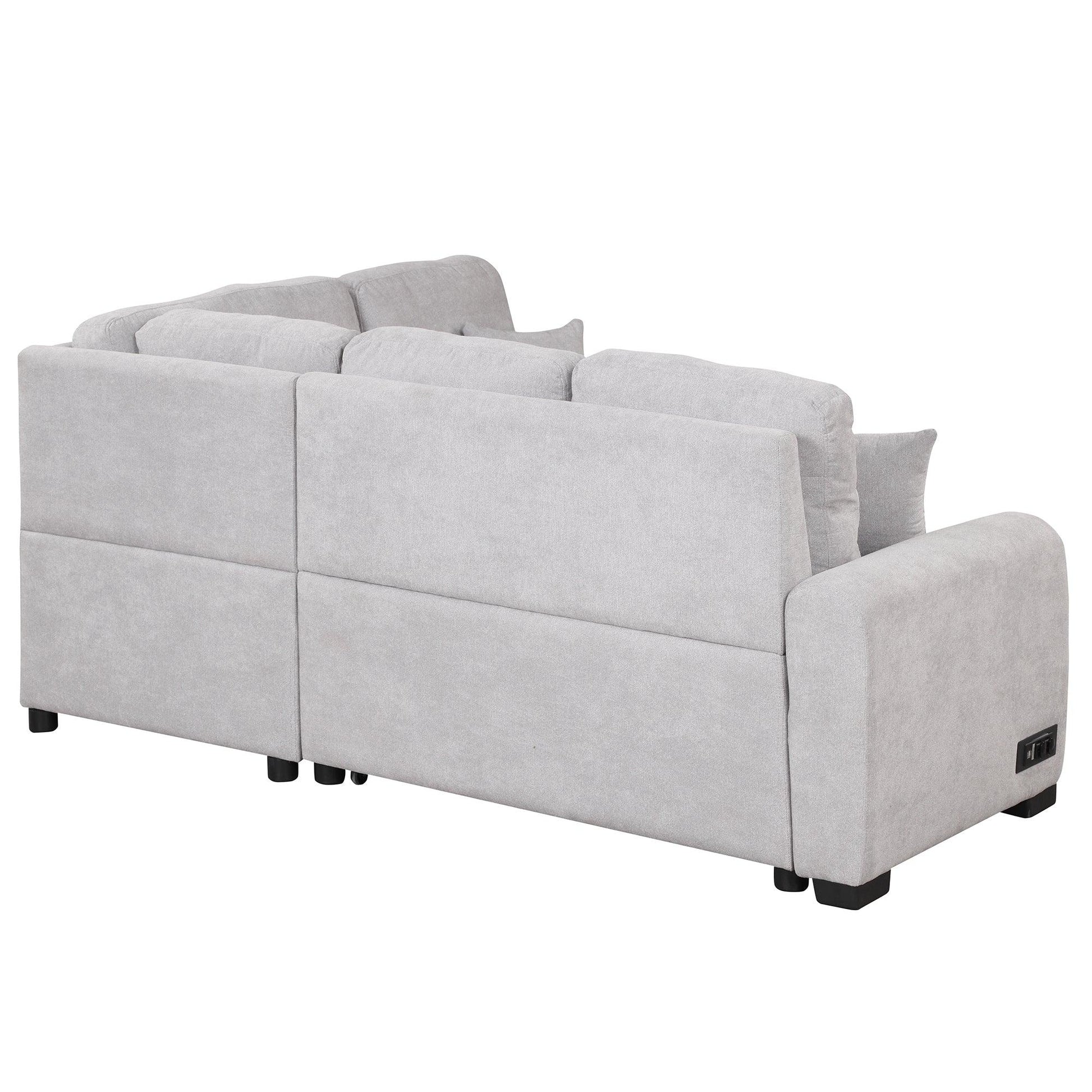 87.4"Sectional Sleeper Sofa with USB Charging Port and Plug Outlet Pull-Out Sofa Bed with 3 Pillows Grey - FurniFindUSA