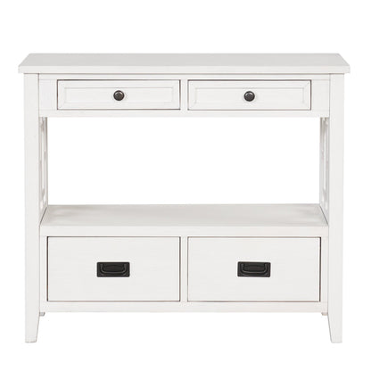 36'' Farmhouse Pine Wood Console Table Entry Sofa Table with 4 Drawers & 1 Storage Shelf (Antique White) - FurniFindUSA