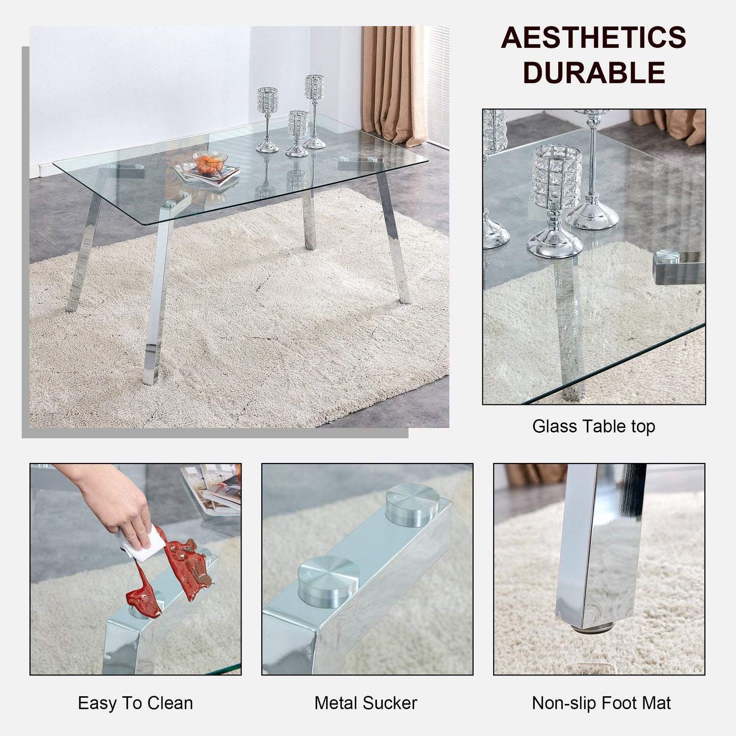 A modern minimalist rectangular glass dining table with tempered glass tabletop and silver metal legs - FurniFindUSA