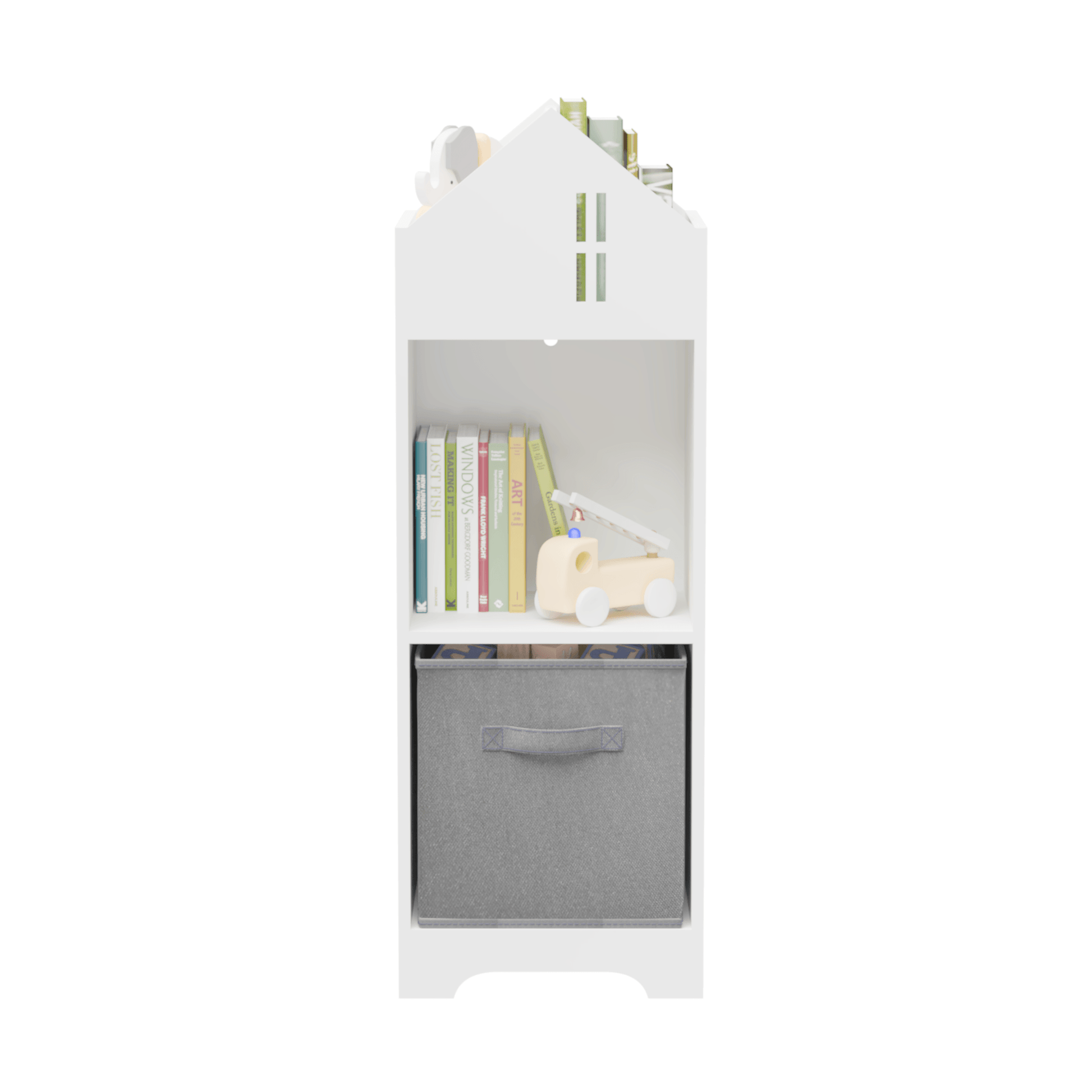 Kids Dollhouse Bookcase with Storage 2-Tier Storage Display Organizer Toddler Bookshelf (White/Gray) - FurniFindUSA