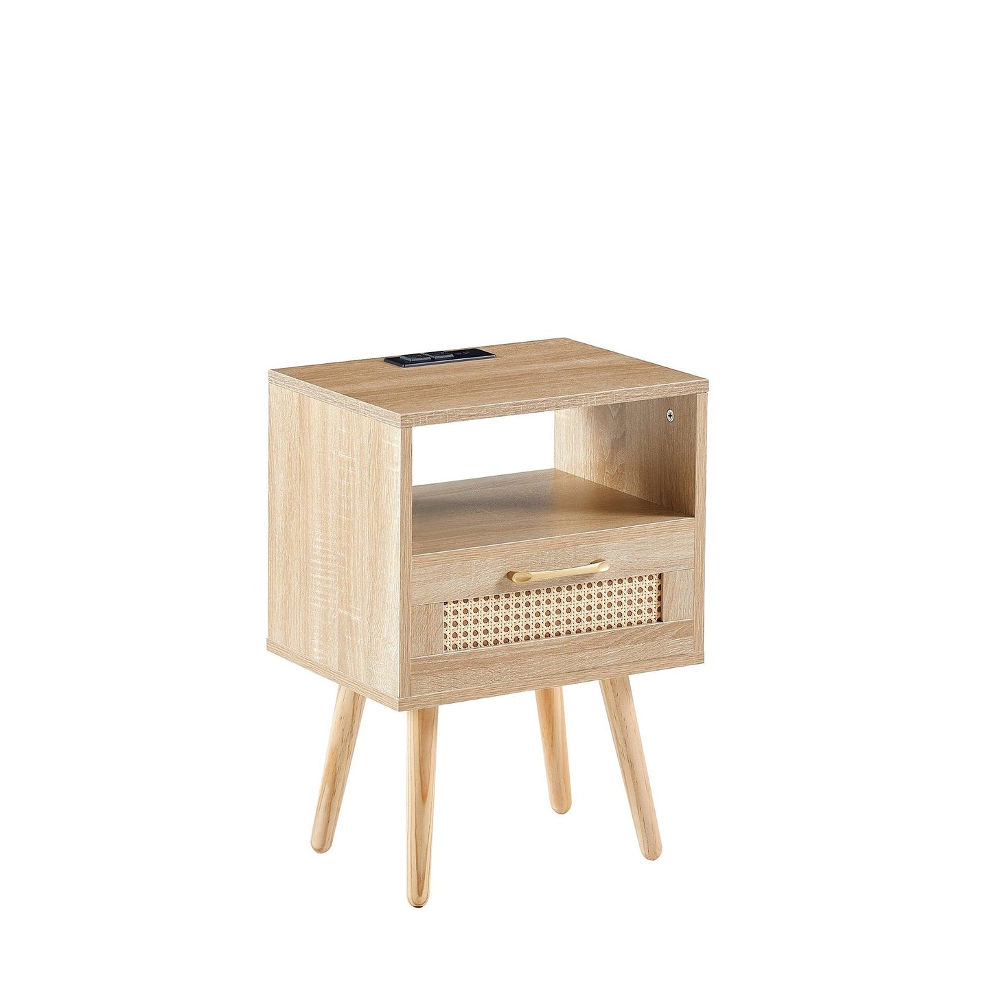 15.75" Rattan End table with Power Outlet & USB Ports Modern nightstand with drawer and solid wood legs - FurniFindUSA