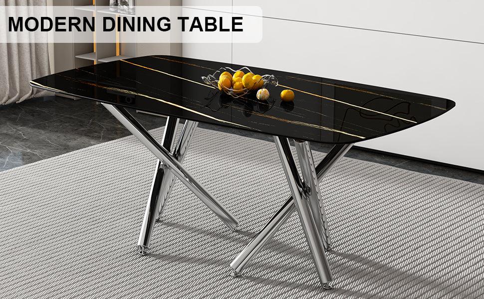 Large modern minimalist rectangular dining table with 0.39 "imitation marble black tabletop and silver metal legs - FurniFindUSA