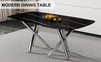 Large modern minimalist rectangular dining table with 0.39 "imitation marble black tabletop and silver metal legs - FurniFindUSA