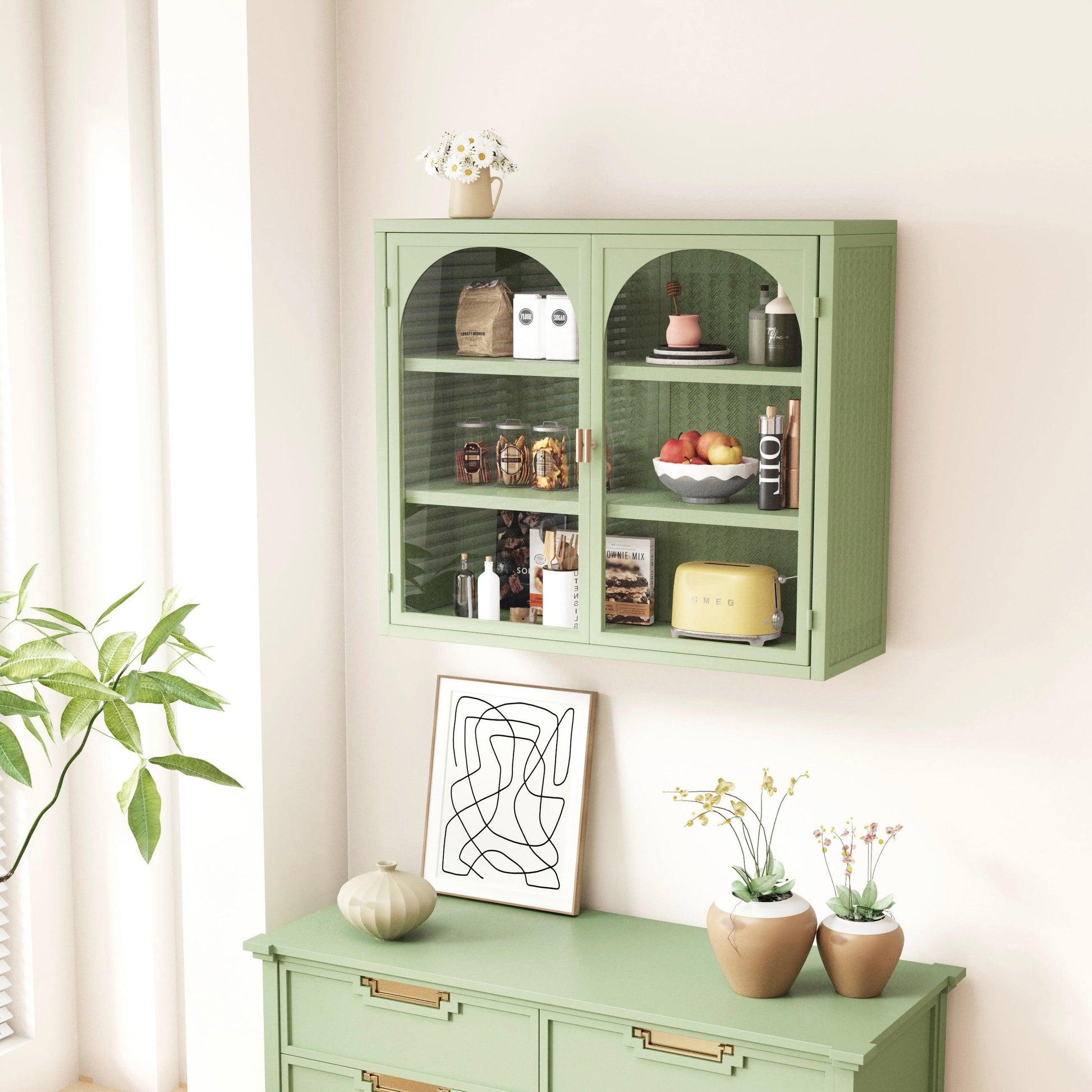 27.56"Glass Doors Modern Two-door Wall Cabinet with Featuring Three-tier Green - FurniFindUSA