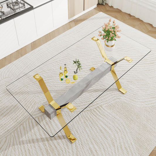 Dining table Modern tempered glass dining table Large modern office desk with gold plated metal legs and MDF crossbars - FurniFindUSA