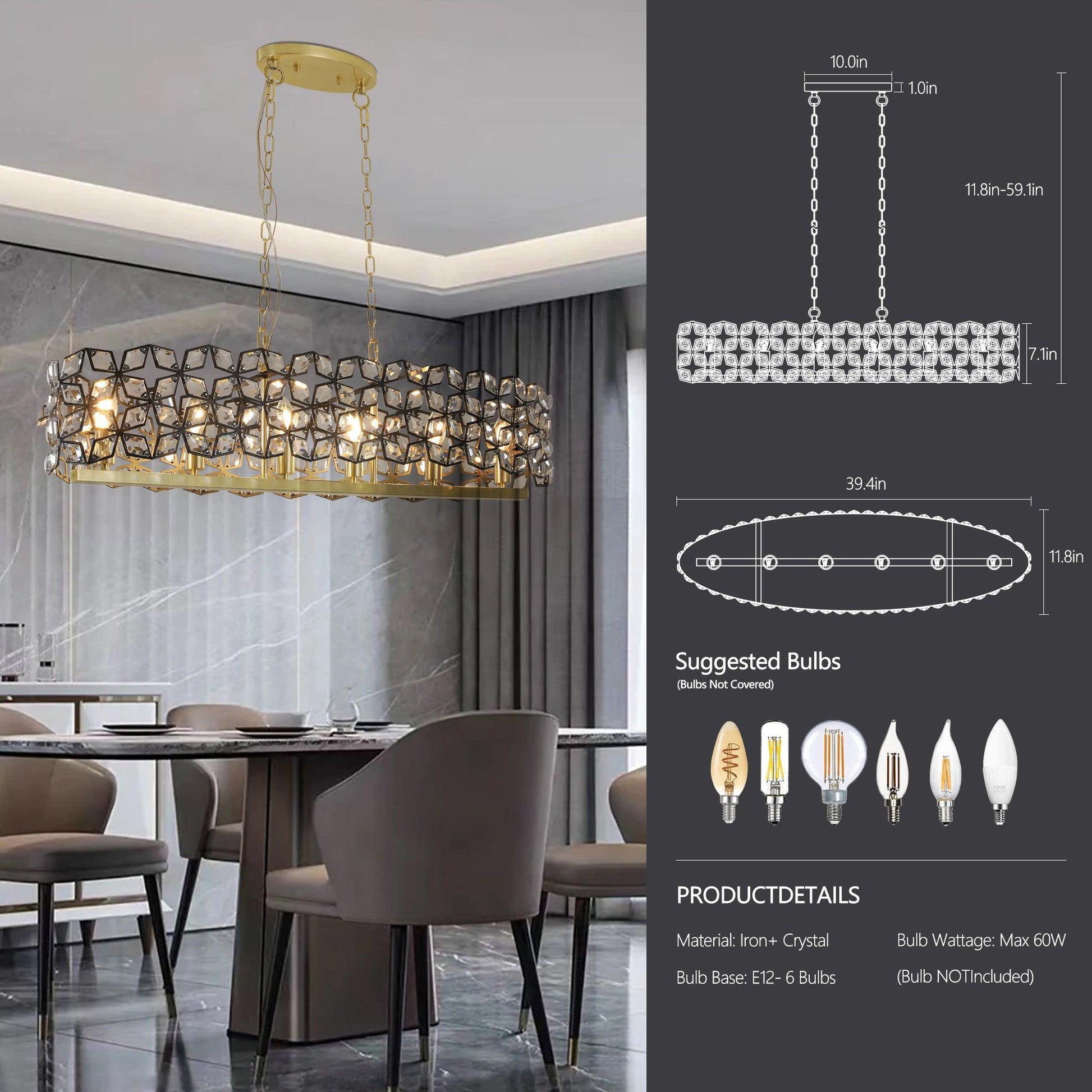 Modern Champagne Gold Oval Crystal ceiling chandelier Luxury Home Decor Light Fixture - FurniFindUSA