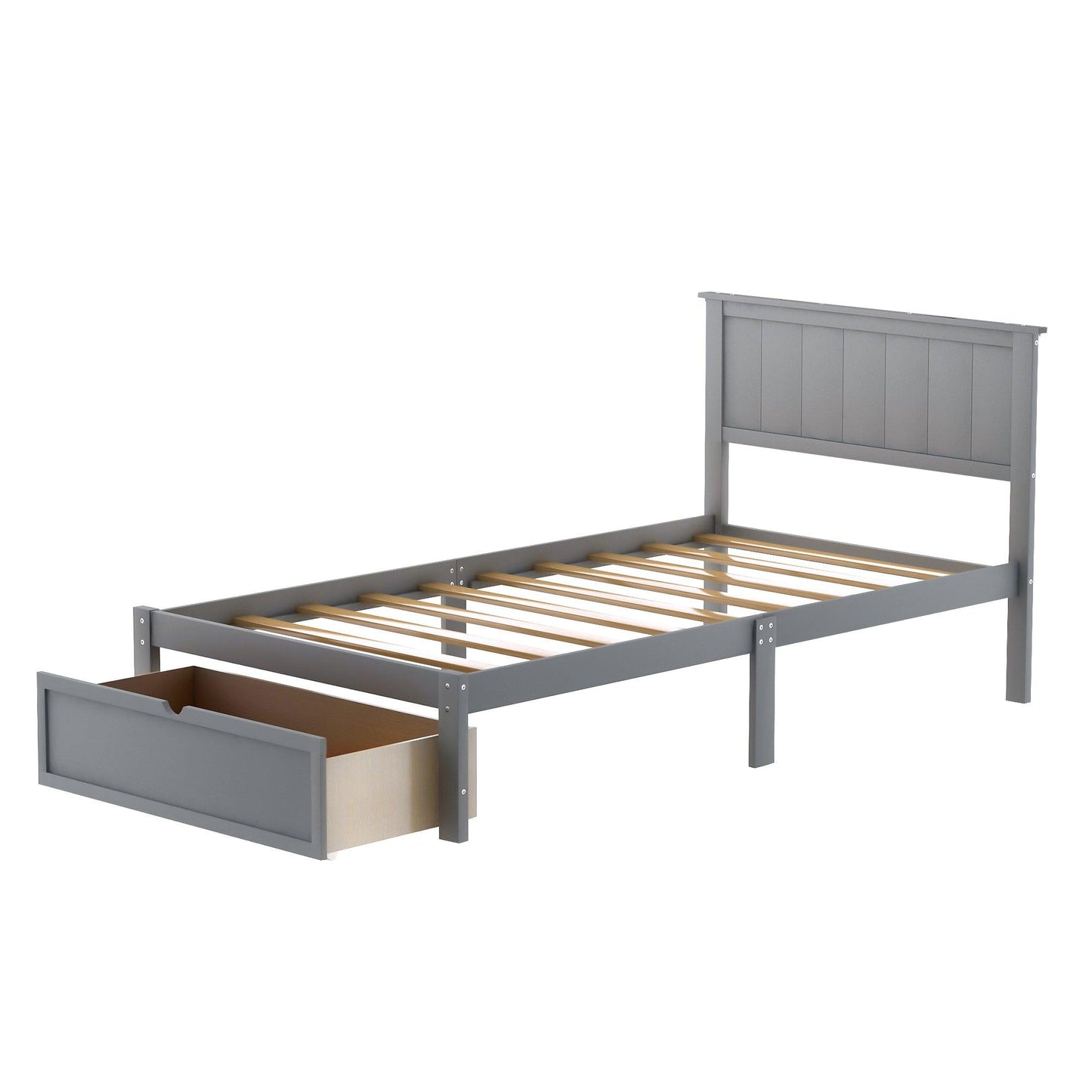 Twin Size Platform Bed with Under-bed Drawer Gray - FurniFindUSA