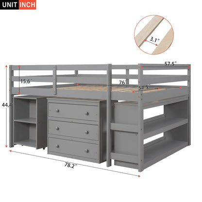 Low Study Full Loft Bed with Cabinet Shelves and Rolling Portable Desk Multiple Functions Bed- Gray - FurniFindUSA