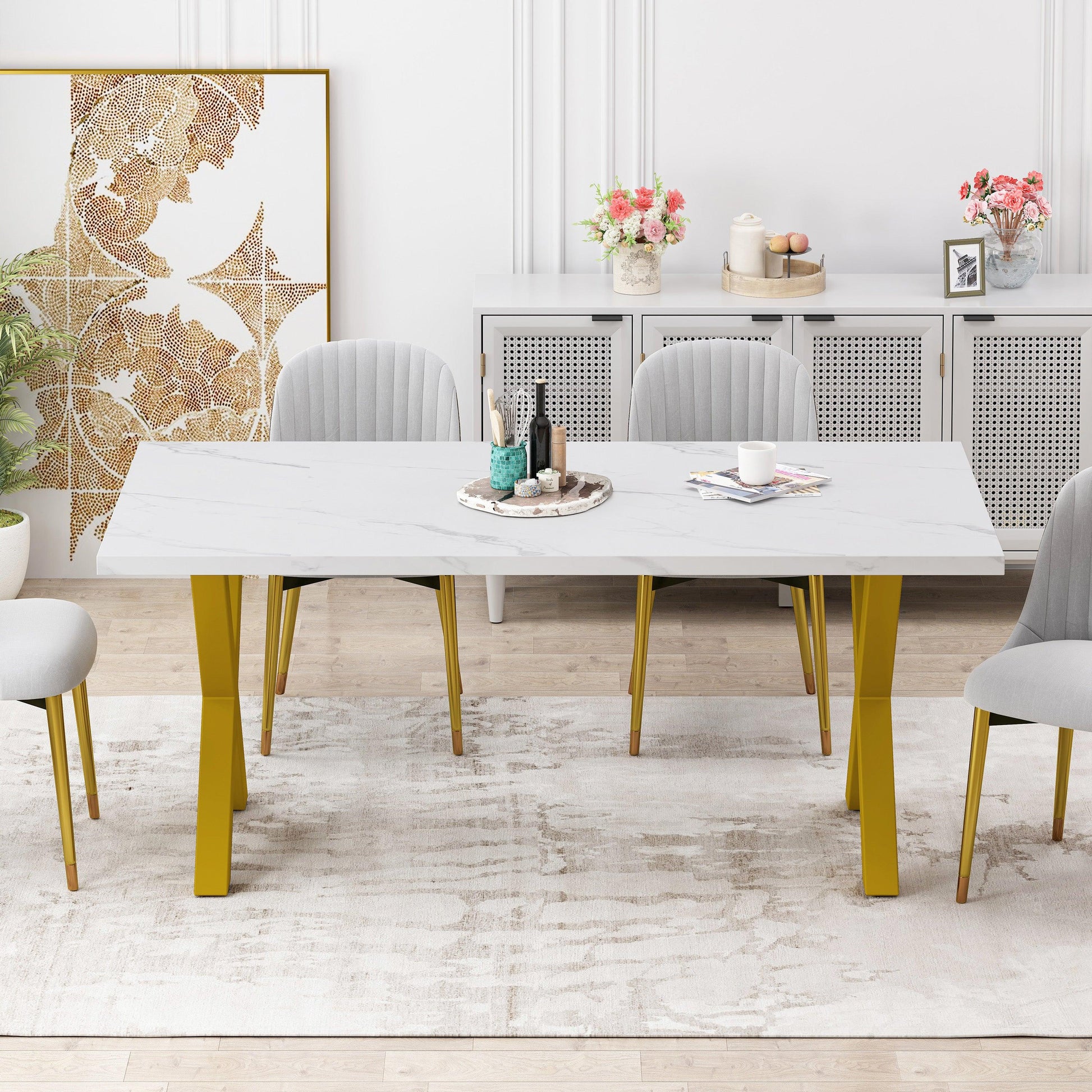 70.87"Modern Square Dining Table with Printed White Marble Table Top+Gold X-Shape Table Leg - FurniFindUSA