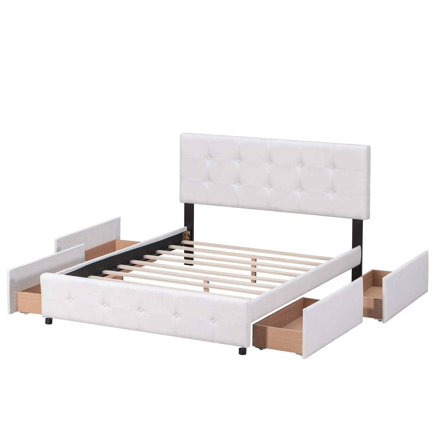 Upholstered Platform Bed with Classic Headboard and 4 Drawers No Box Spring Needed Linen Fabric Queen Size White - FurniFindUSA