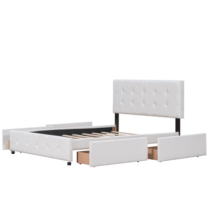 Upholstered Platform Bed with Classic Headboard and 4 Drawers No Box Spring Needed Linen Fabric Queen Size White - FurniFindUSA