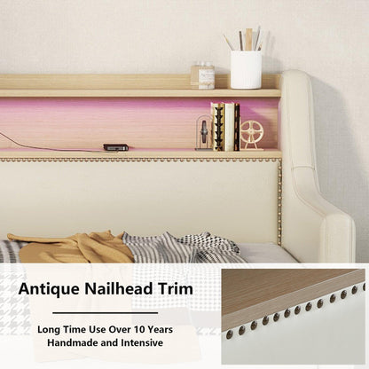 Twin Size Daybed with Storage Drawers Upholstered Daybed with Charging Station and LED Lights Beige - FurniFindUSA