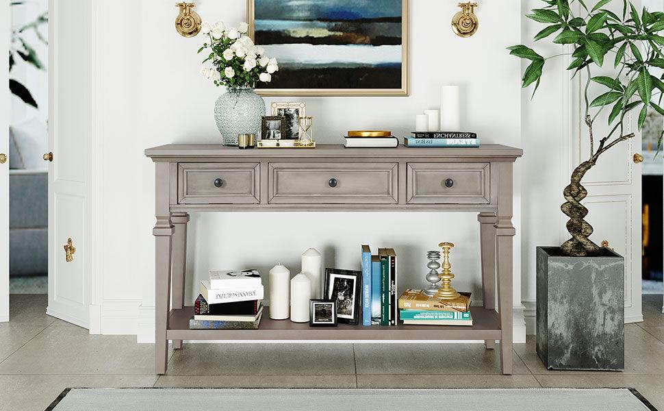 TREXM Classic Retro Style Console Table with Three Top Drawers and Open Style Bottom Shelf (Gray Wash) - FurniFindUSA